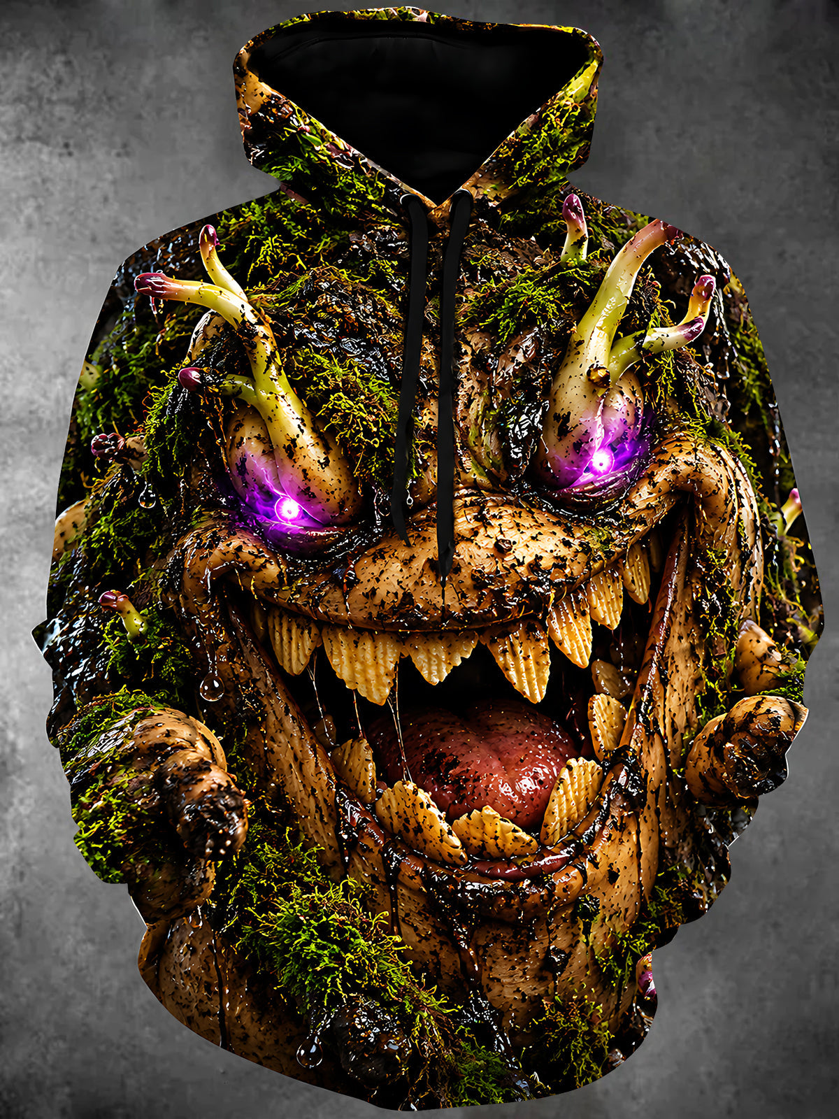 Adaychic Men's Monster Face With Moss And Purple Eyes Print Long Sleeve Hoodie