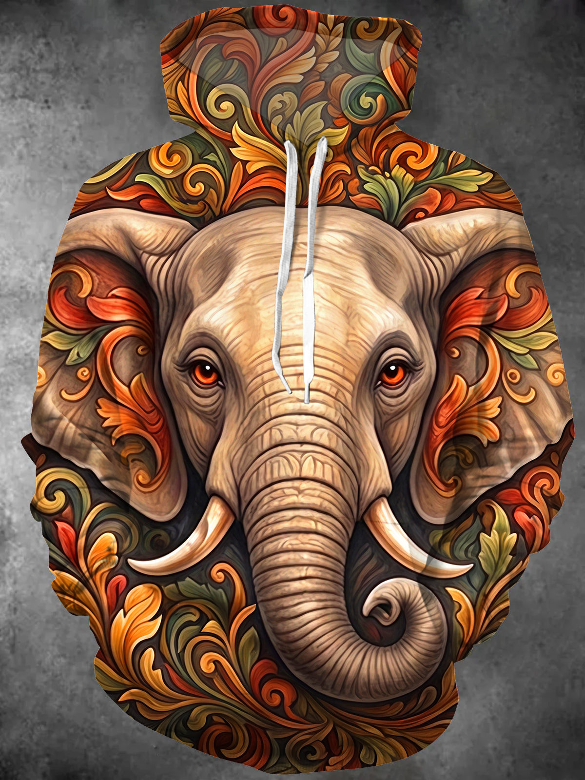 Adaychic Men's Long Sleeve Hoodie - Carved Elephant Head With Floral Scrollwork Print