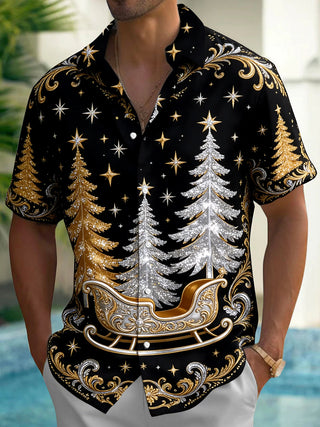 Adaychic Men's Christmas Sleigh And Christmas Trees Print Short Sleeve Shirt with Chest Pocket