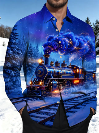 Adaychic Men's Graphic Vintage Train In Winter Forest Print Long Sleeve Shirt with Chest Pocket