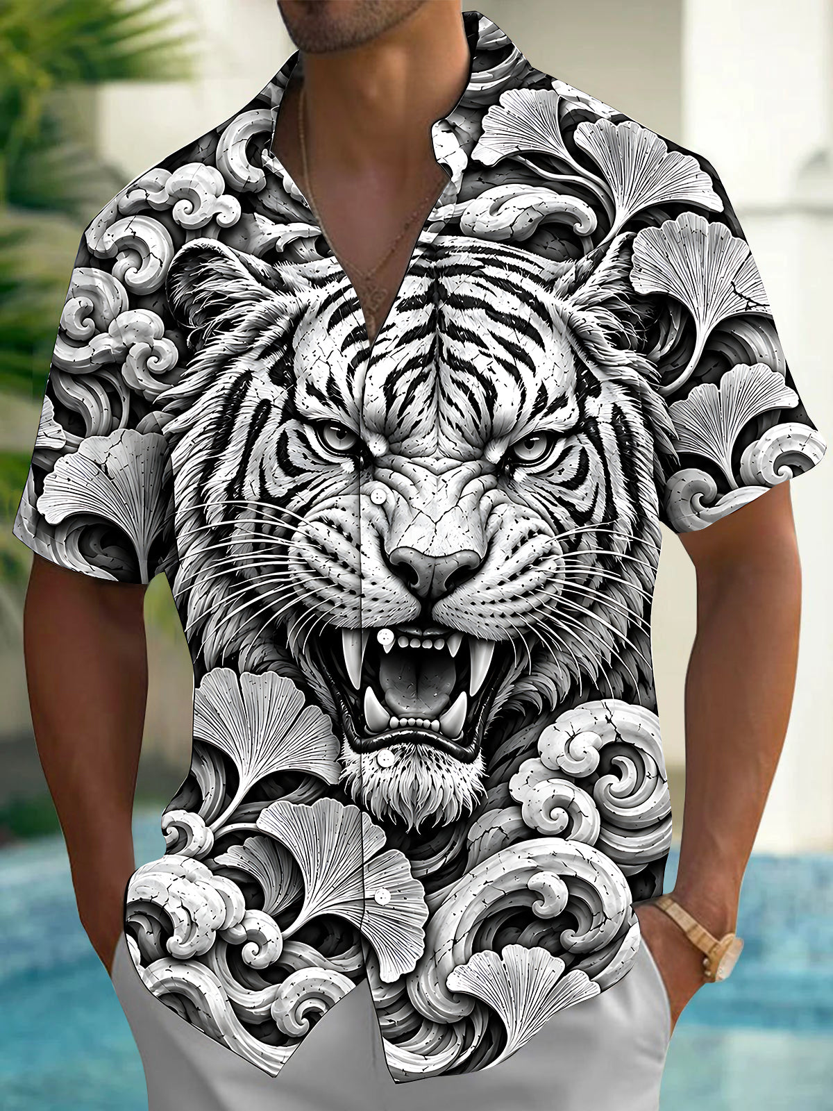 Adaychic Men's Hawaiian Tiger Face Print Short Sleeve Shirt with Chest Pocket