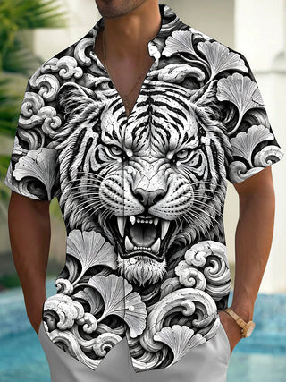 Adaychic Men's Hawaiian Tiger Face Print Short Sleeve Shirt with Chest Pocket
