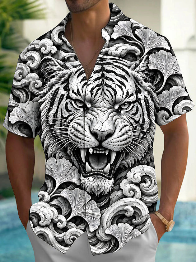 Adaychic Men's Hawaiian Tiger Face Print Short Sleeve Shirt with Chest Pocket
