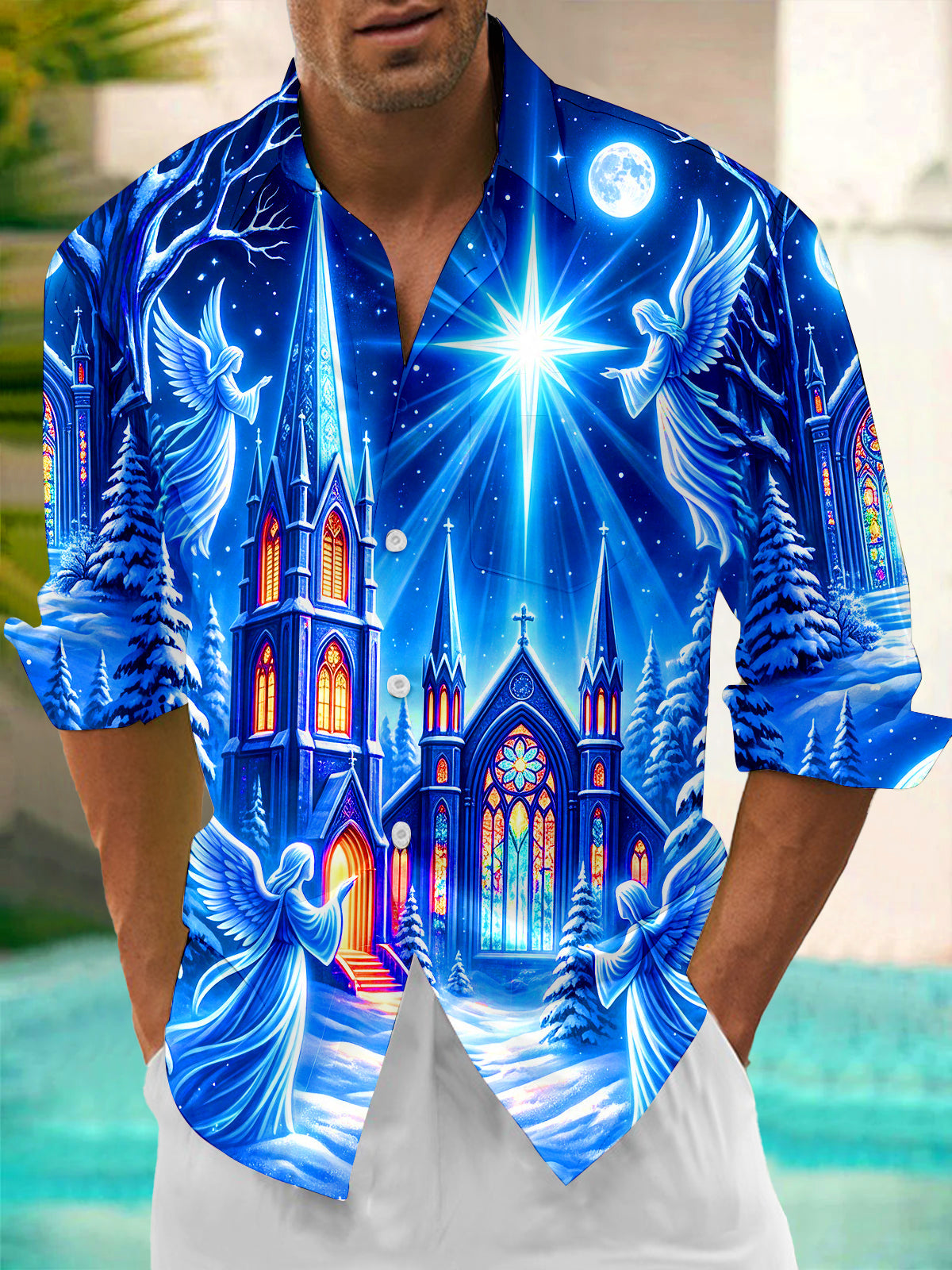 Adaychic Men's Long Sleeve Shirt - Christmas Gothic Church With Angels And Starburst Print with Chest Pocket