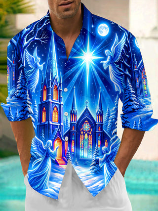 Adaychic Men's Long Sleeve Shirt - Christmas Gothic Church With Angels And Starburst Print with Chest Pocket