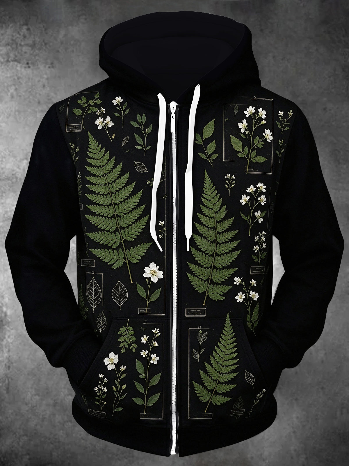 Adaychic Men's Long Sleeve Zip-Up Hoodie - Botanical Fern And White Flower Illustrations Print