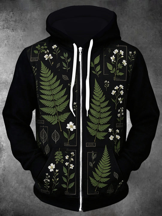 Adaychic Men's Long Sleeve Zip-Up Hoodie - Botanical Fern And White Flower Illustrations Print