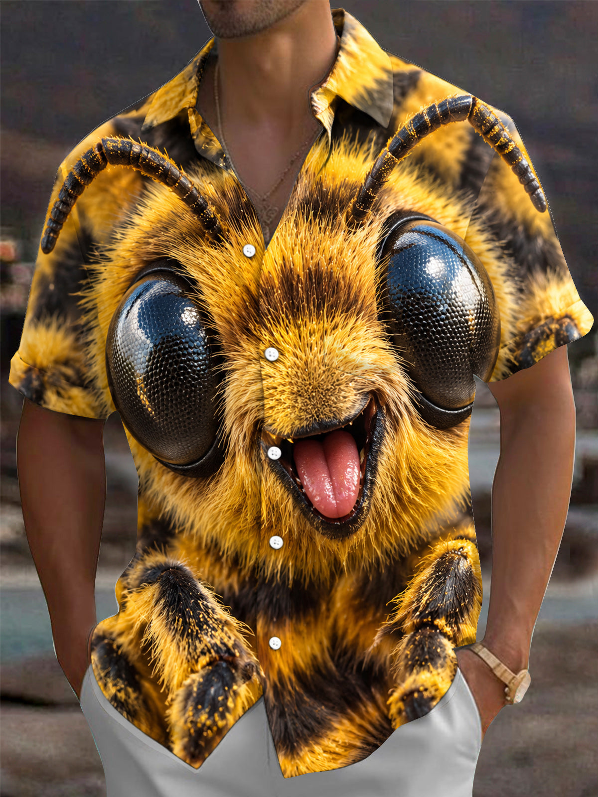 Adaychic Men's Graphic Funny Bee Face With Tongue Print Short Sleeve Shirt with Chest Pocket