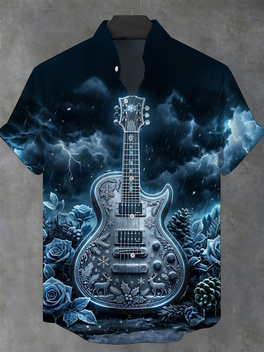 Adaychic Men's Short Sleeve Stand Collar Shirt - Christmas Electric Guitar With Snowflakes And Reindeer Print with Chest Pocket