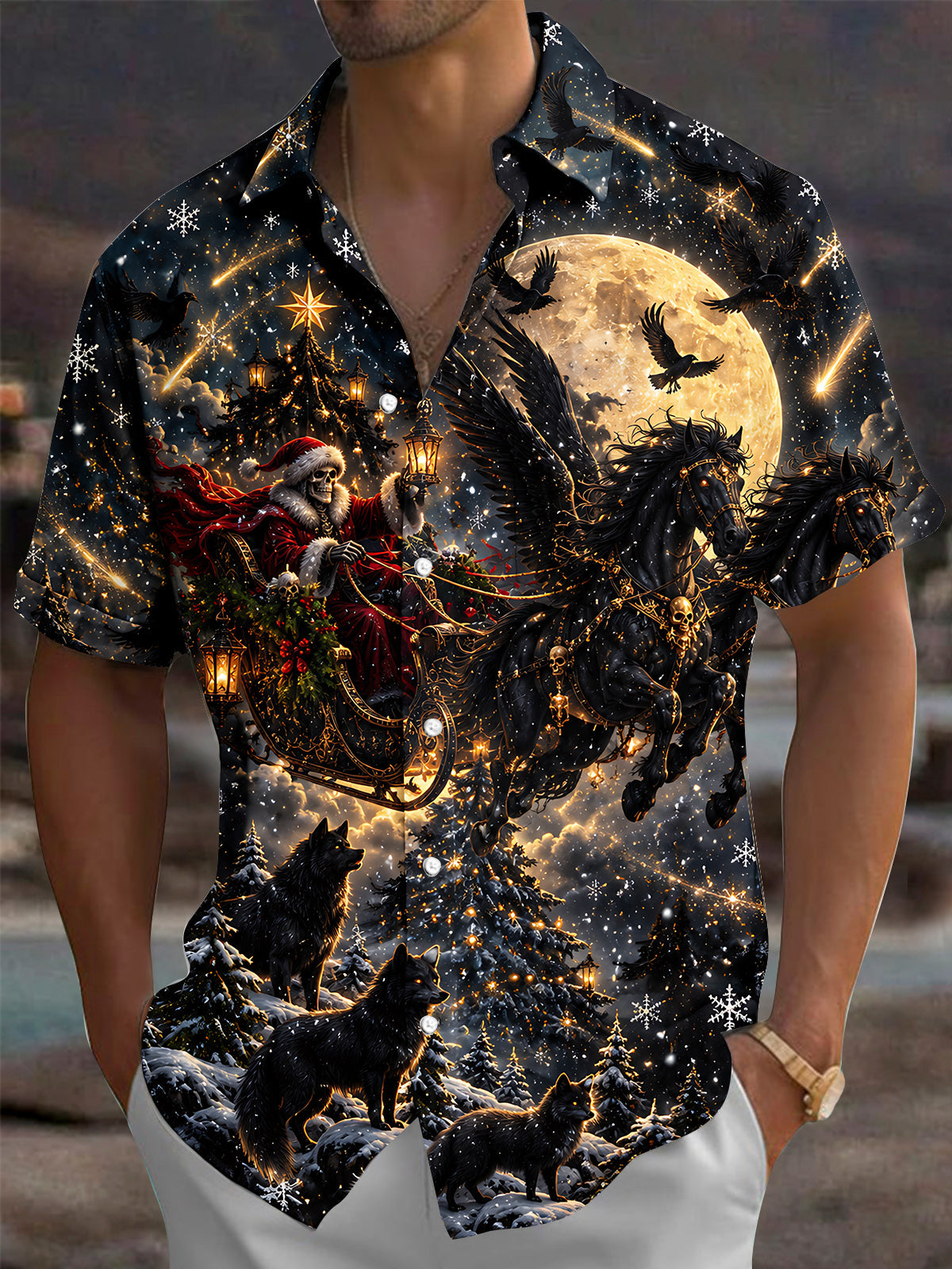 Adaychic Men's Short Sleeve Shirt - Skull Santa Claus In Sleigh With Winged Horses Print with Chest Pocket