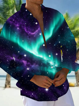 Adaychic Men's Aurora Borealis And Starry Night Sky Print Long Sleeve Shirt with Chest Pocket