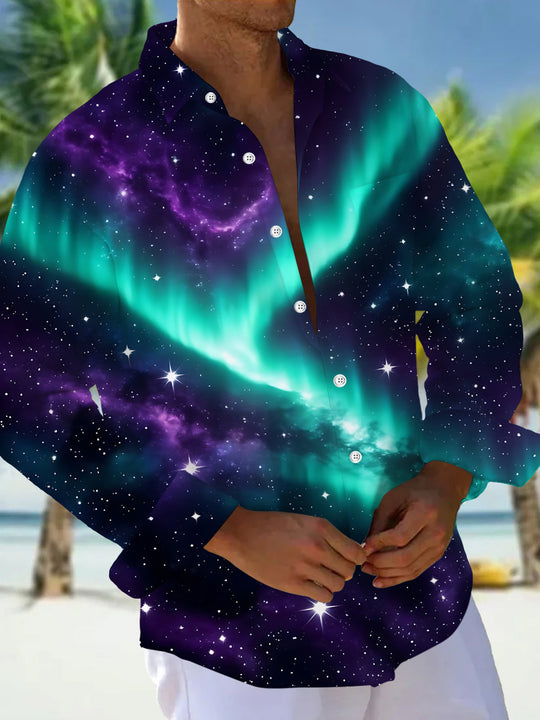 Adaychic Men's Aurora Borealis And Starry Night Sky Print Long Sleeve Shirt with Chest Pocket
