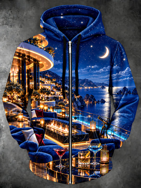 Adaychic Men's Long Sleeve Zip-Up Hoodie - Luxury Nighttime Villa With Ocean View Print with Kangaroo Pocket
