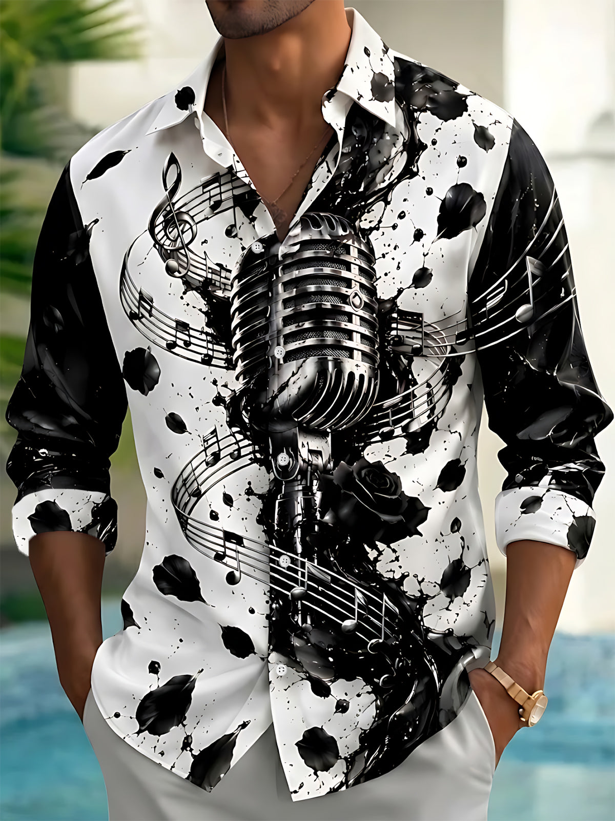 Adaychic Men's Vintage Microphone And Musical Notes Print Long Sleeve Shirt with Chest Pocket