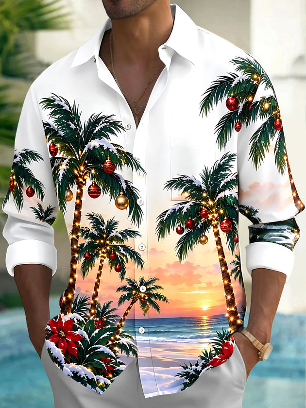 Adaychic Men's Long Sleeve Shirt - Palm Trees With Christmas Ornaments And Lights Print with Chest Pocket