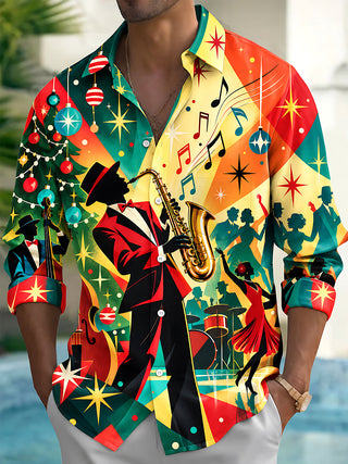 Adaychic Men's Graphic Christmas Jazz Saxophone Print Long Sleeve Shirt with Chest Pocket