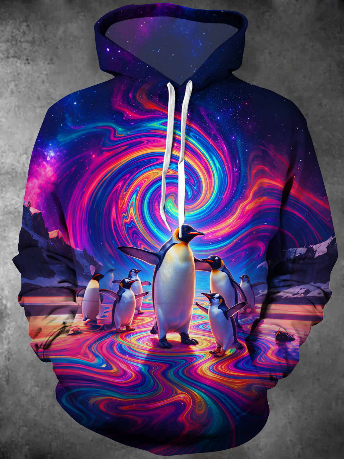 Adaychic Men's Graphic Penguins In Psychedelic Galaxy Print Long Sleeve Hoodie