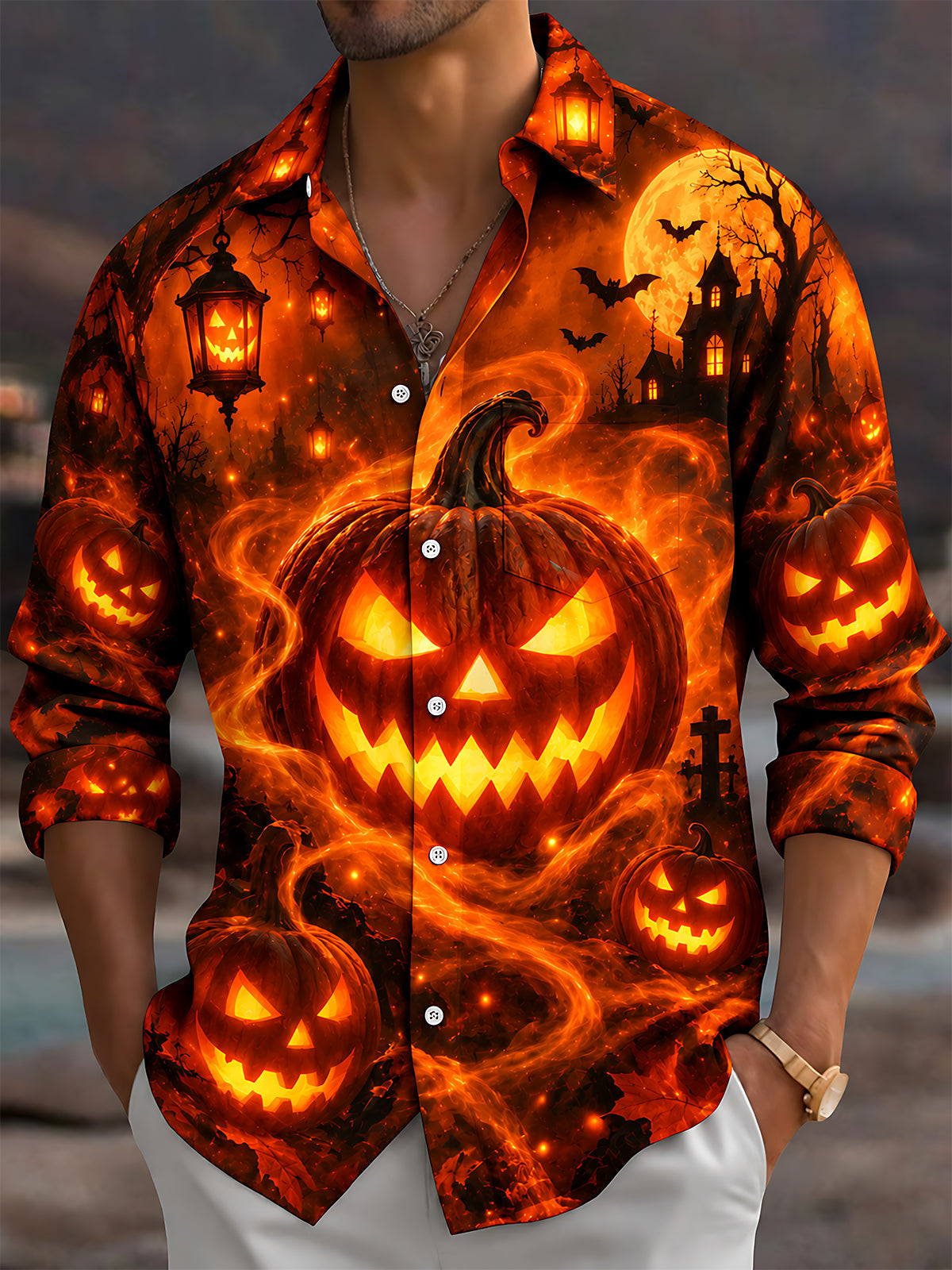 Adaychic Men's Graphic Halloween Pumpkin Print Long Sleeve Shirt with Chest Pocket