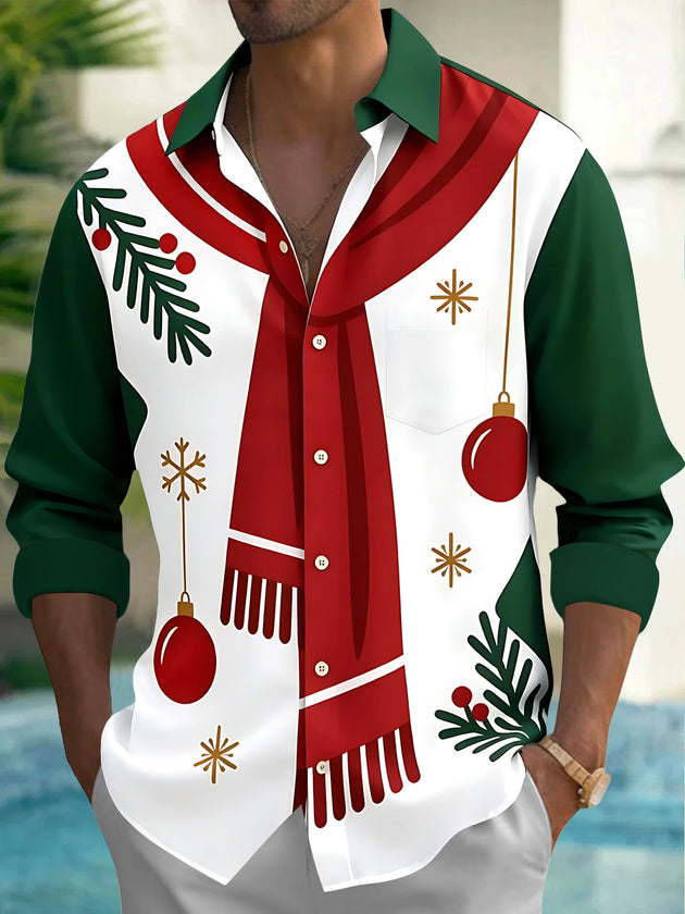 Adaychic Men's Long Sleeve Shirt - Christmas Scarf And Ornaments With Pine Branches Print with Chest Pocket