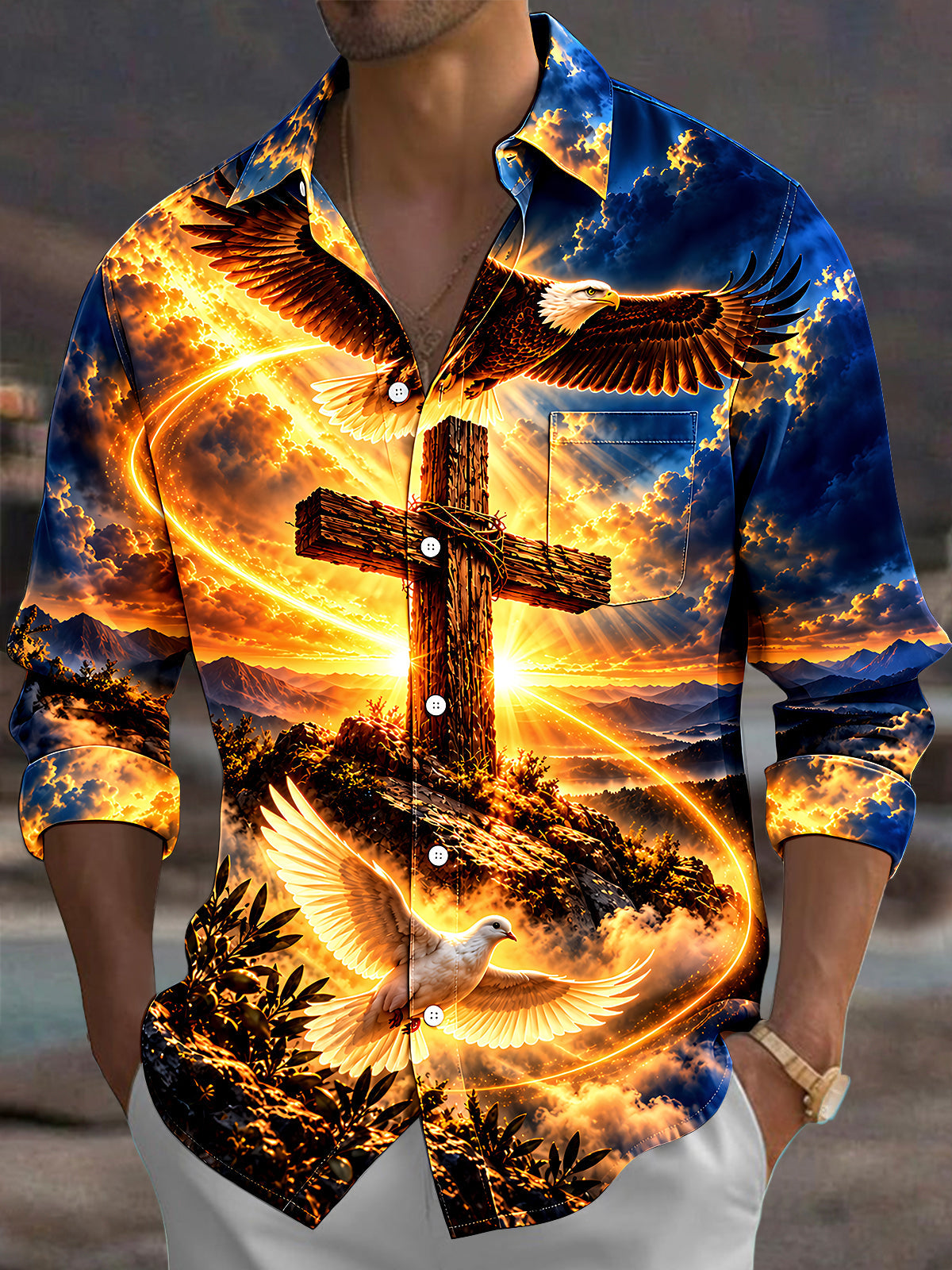 Adaychic Men's Printed Eagle Dove And Cross Print Long Sleeve Shirt with Chest Pocket