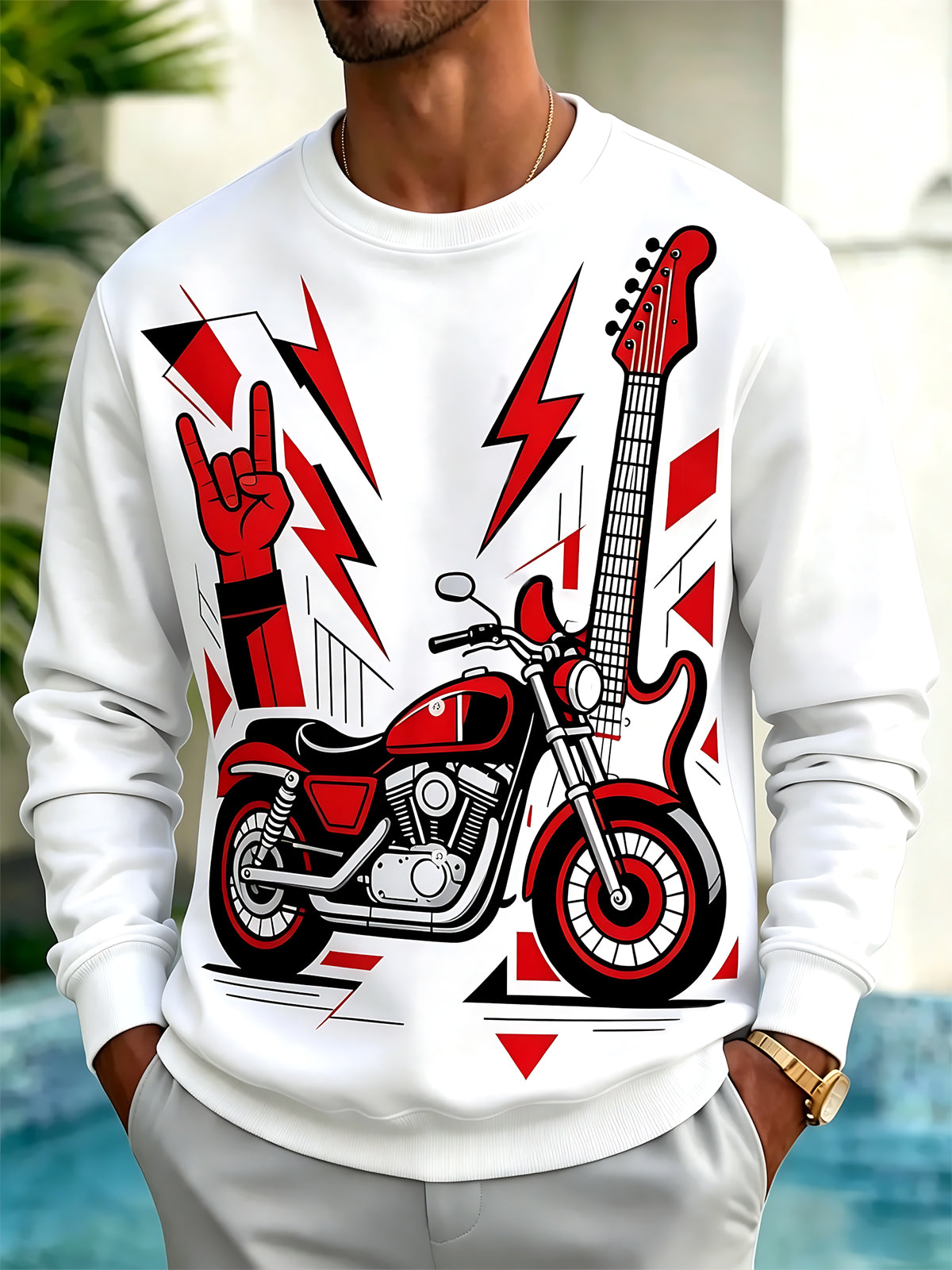 Adaychic Men's Long Sleeve Hoodie - Electric Guitar And Motorcycle With Rock Hand Print
