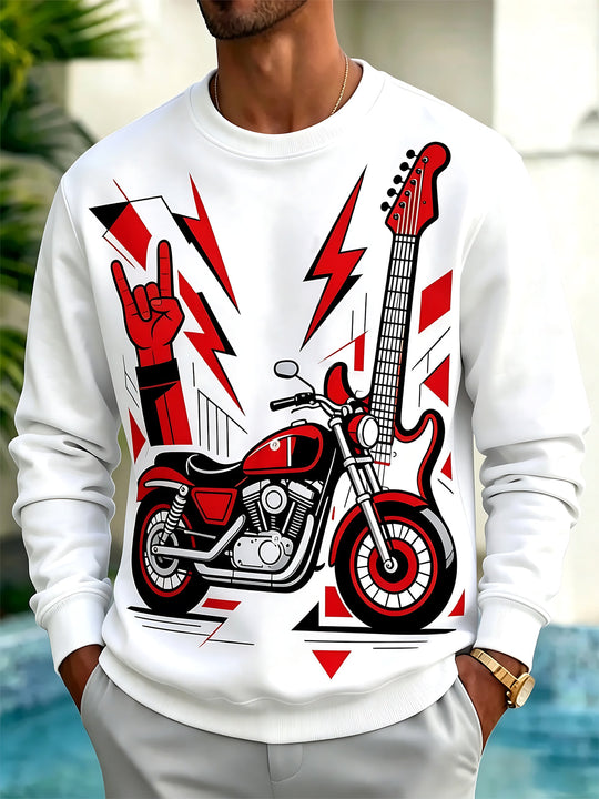 Adaychic Men's Long Sleeve Hoodie - Electric Guitar And Motorcycle With Rock Hand Print