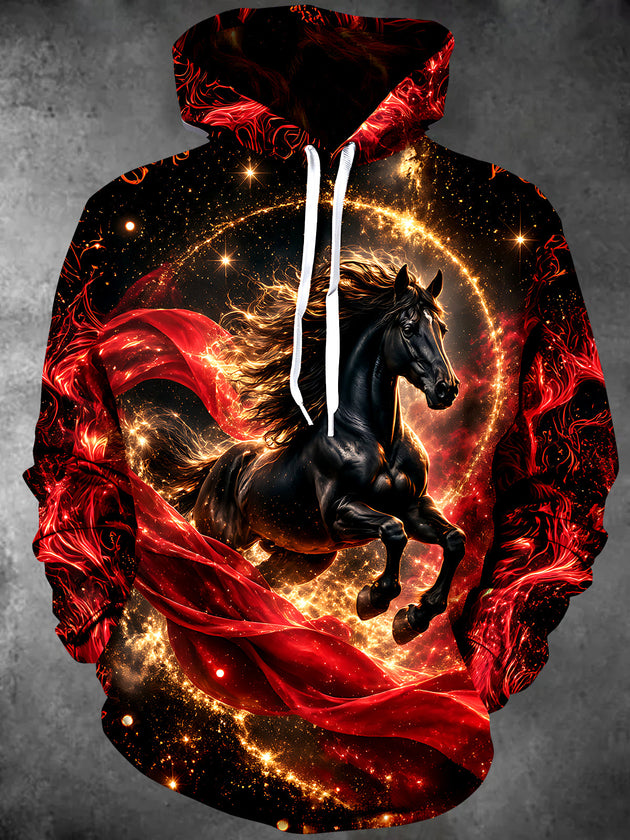 Adaychic Men's Long Sleeve Hoodie - Black Horse With Red Flowing Fabric And Golden Sparkles Print