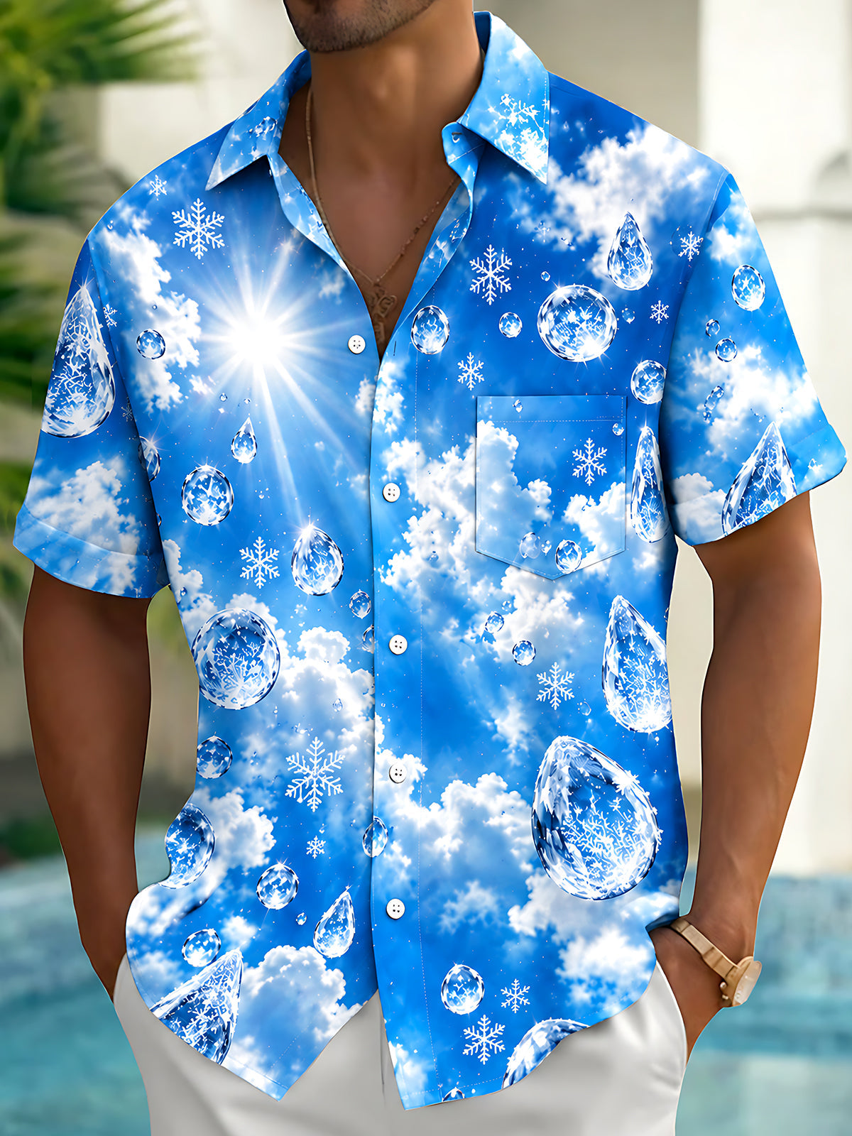 Adaychic Men's Hawaiian Ice Crystals Print Snowflakes Print Short Sleeve Shirt