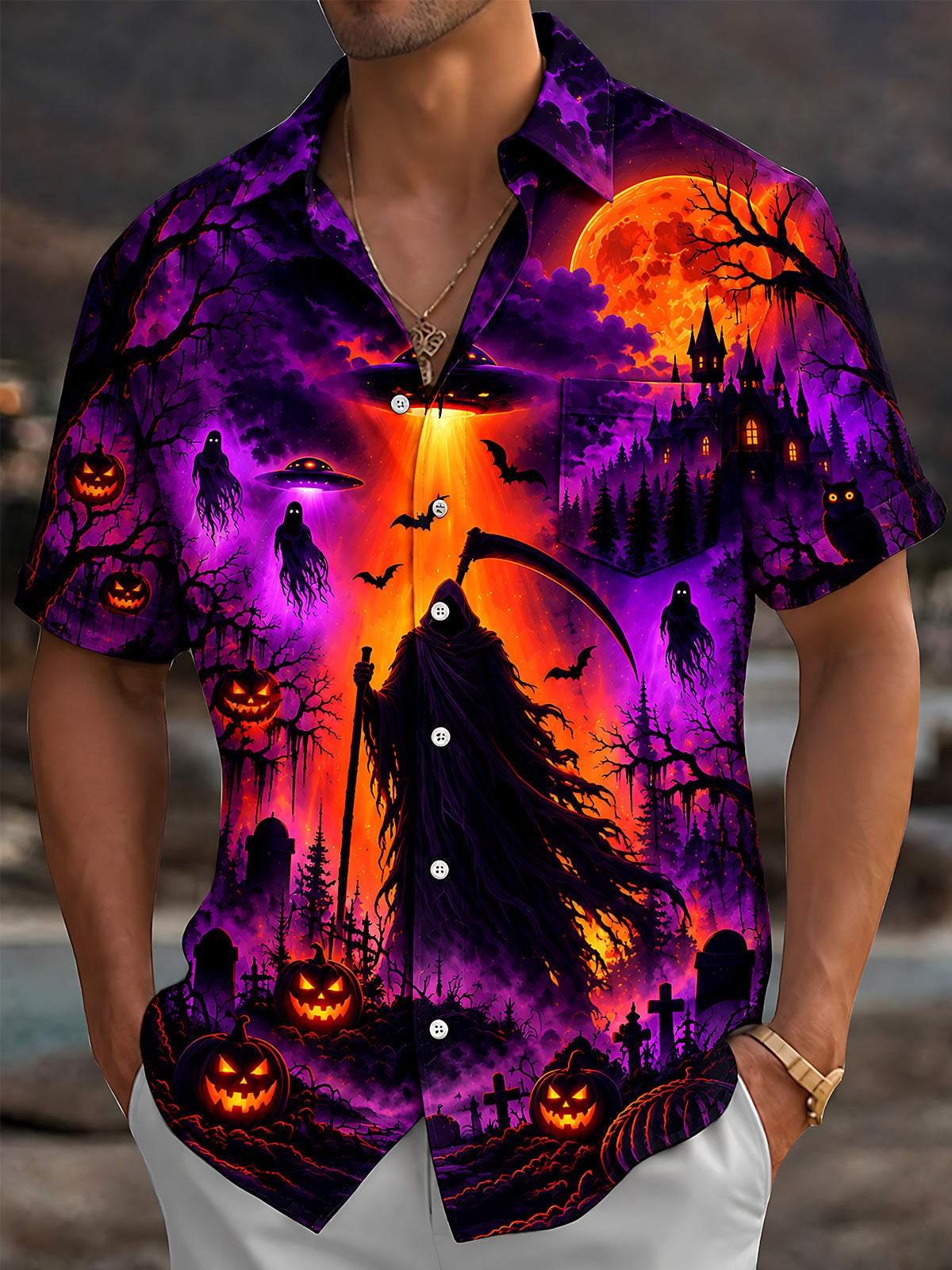 Adaychic Men's Short Sleeve Shirt - Halloween Grim Reaper And Jack-o-lanterns In A Graveyard Print with Chest Pocket