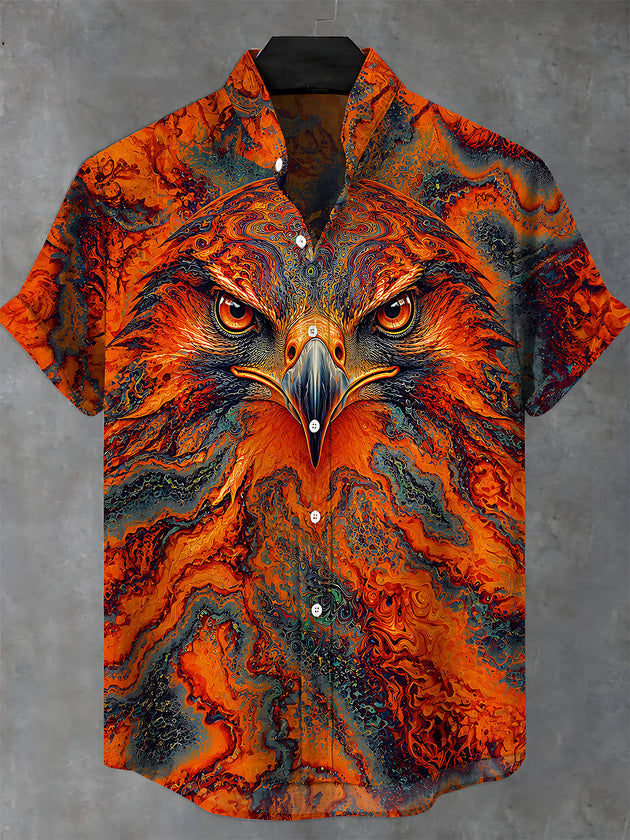 Adaychic Men's Vintage Style Abstract Eagle Face Print Short Sleeve Shirt with Chest Pocket