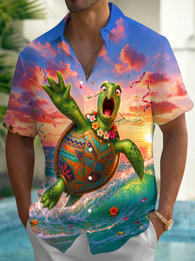 Adaychic Men's Short Sleeve Shirt - Animated Turtle With Hawaiian Lei And Sunset Seascape Print with Chest Pocket