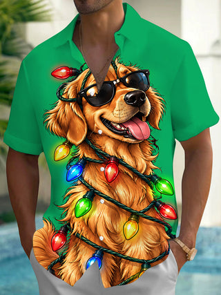 Adaychic Men's Graphic Christmas Dog And String Lights Print Short Sleeve Shirt with Chest Pocket