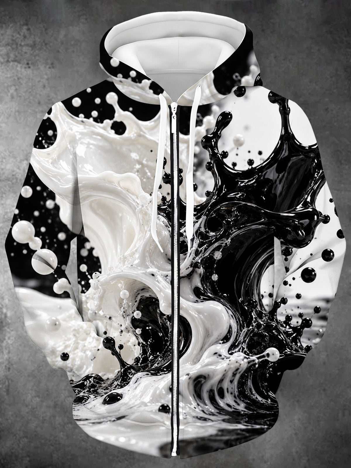 Adaychic Men's Long Sleeve Zip-Up Hoodie - Abstract Black And White Liquid Splashes Print with Kangaroo Pocket