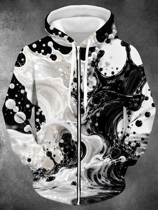 Adaychic Men's Long Sleeve Zip-Up Hoodie - Abstract Black And White Liquid Splashes Print with Kangaroo Pocket