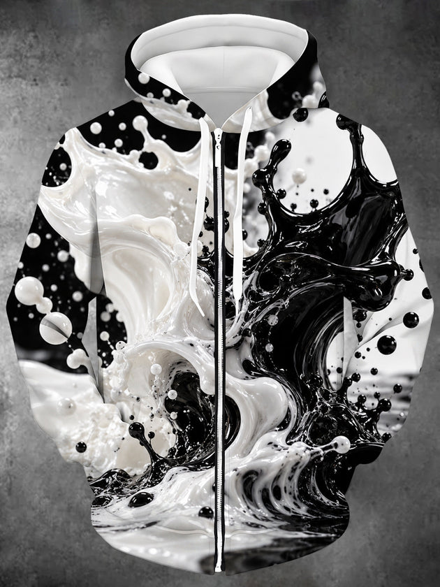 Adaychic Men's Long Sleeve Zip-Up Hoodie - Abstract Black And White Liquid Splashes Print with Kangaroo Pocket