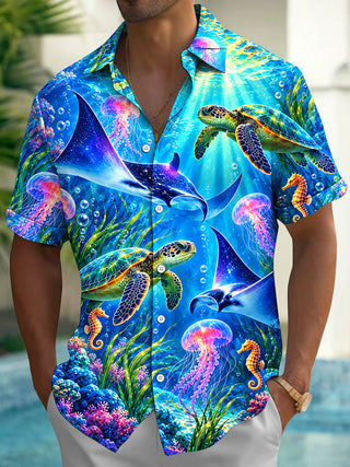 Adaychic Men's Underwater Sea Turtles And Jellyfish Print Short Sleeve Shirt with Chest Pocket