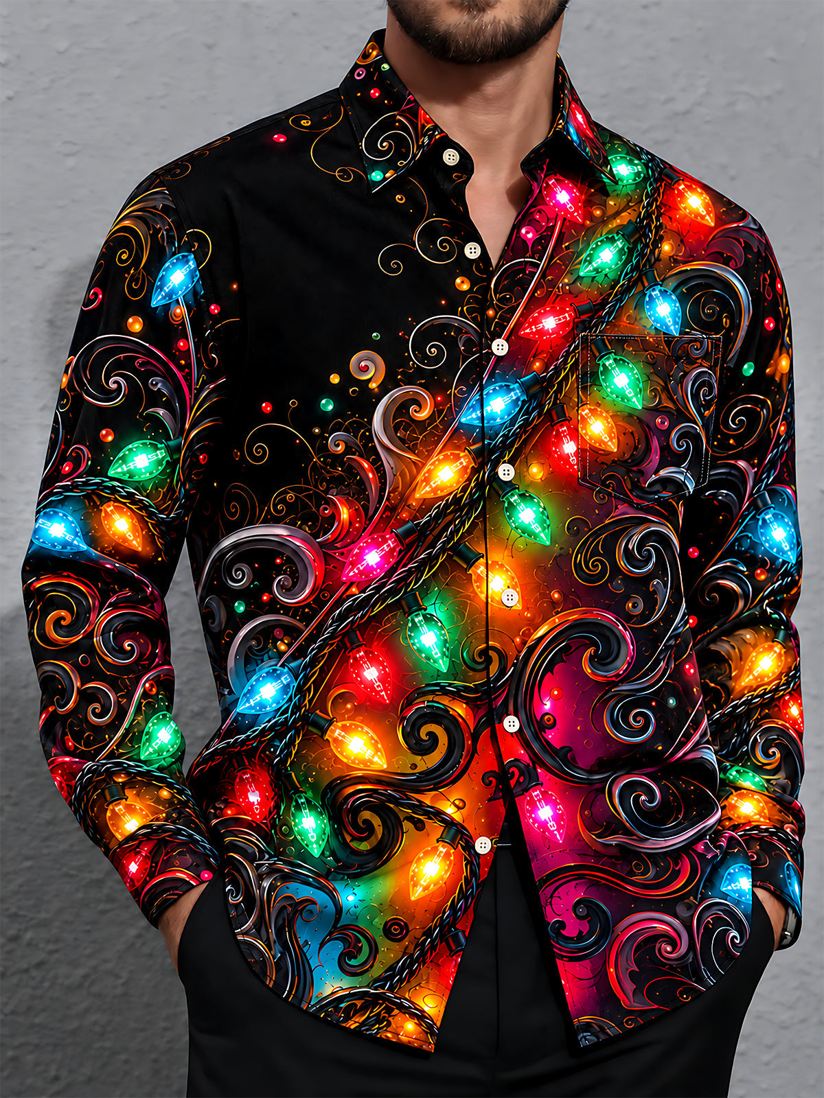 Adaychic Men's Christmas Light String And Swirls Print Long Sleeve Shirt with Chest Pocket