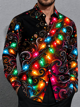 Adaychic Men's Christmas Light String And Swirls Print Long Sleeve Shirt with Chest Pocket