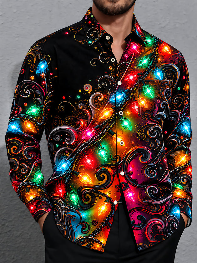 Adaychic Men's Christmas Light String And Swirls Print Long Sleeve Shirt with Chest Pocket