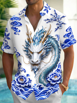 Adaychic Men's Printed Blue And White Porcelain Dragon Print Short Sleeve Shirt with Chest Pocket