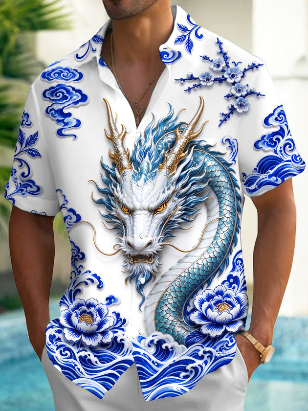 Adaychic Men's Printed Blue And White Porcelain Dragon Print Short Sleeve Shirt with Chest Pocket