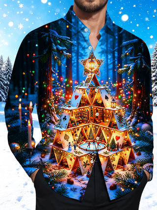 Adaychic Men's Printed Christmas Card House Print Long Sleeve Shirt with Chest Pocket