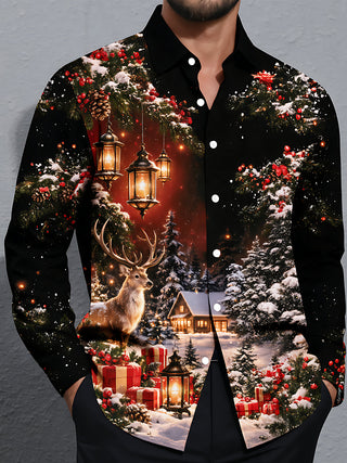 Adaychic Men's Long Sleeve Shirt - Christmas Winter Reindeer And Snowy Cabin Scene Print with Chest Pocket