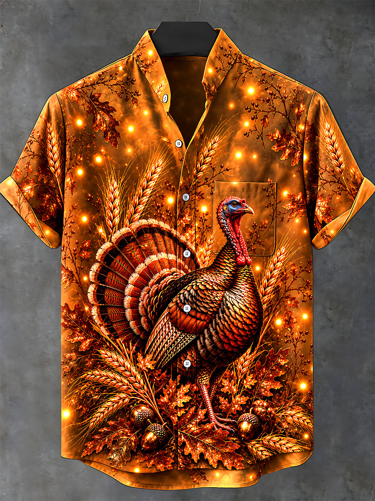 Adaychic Men's Short Sleeve Stand Collar Shirt - Thanksgiving Turkey With Wheat And Acorns Print with Chest Pocket