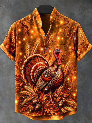 Adaychic Men's Short Sleeve Stand Collar Shirt - Thanksgiving Turkey With Wheat And Acorns Print with Chest Pocket