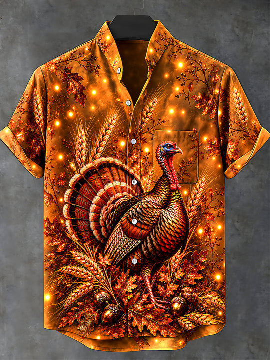 Adaychic Men's Short Sleeve Stand Collar Shirt - Thanksgiving Turkey With Wheat And Acorns Print with Chest Pocket