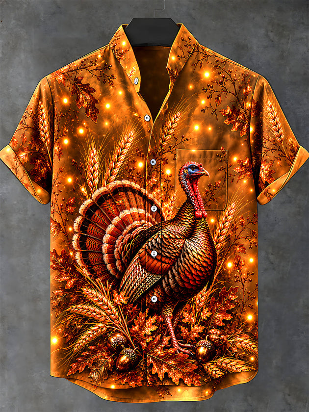 Adaychic Men's Short Sleeve Stand Collar Shirt - Thanksgiving Turkey With Wheat And Acorns Print with Chest Pocket