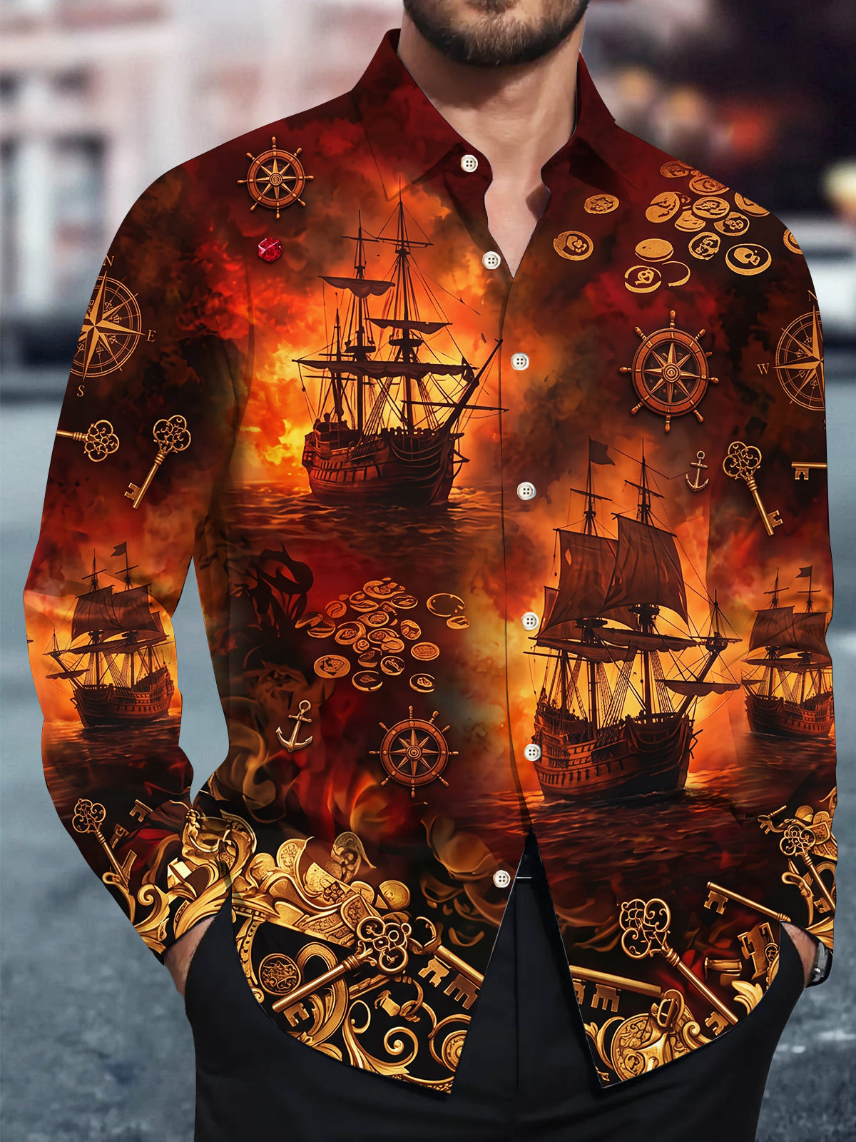 Adaychic Men's Printed Pirate Ships And Treasure Print Long Sleeve Shirt with Chest Pocket