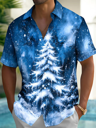 Adaychic Men's Hawaiian Snow-covered Christmas Tree Print Short Sleeve Shirt with Chest Pocket