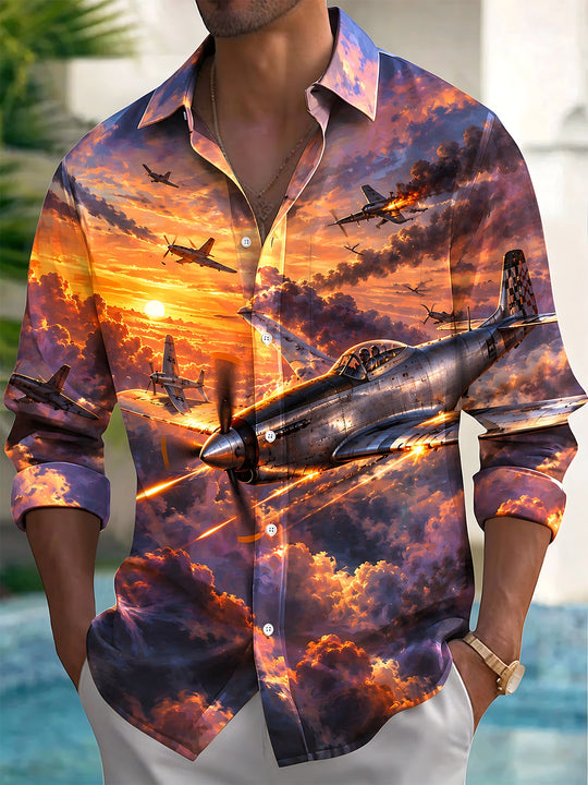 Adaychic Men's Printed Vintage Airplanes And Sunset Sky Print Long Sleeve Shirt with Chest Pocket
